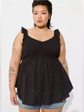 NWT Torrid Babydoll Cotton Clip Dot Smocked Bodice Tank Size 1X Black